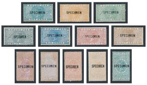 1872 QV Court Fee 1a to 1000 Rupees ovpt. “SPECIMEN”, complete set of 21 values. Fine.