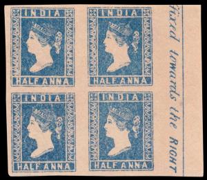 1854 QV ½a, pale blue, Die I, SG3, unused marginal blk/4 with inscription on right. Fine.