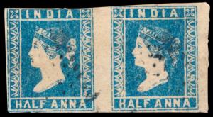 1854 QV ½a, pale blue, Die I, SG3, close cut from 3 sides, used pair. Fine.