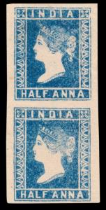 1854 QV ½a, deep blue, Die I, SG4, wide margins from 3 sides, mint pair. Fine.