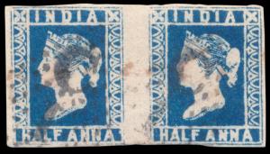 1854 QV ½a, deep blue, Die III, SG10, close cut from 3 sides, used pair. Fine.