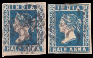 1854 QV ½a, greenish blue, Die III SG9 and deep blue, SG102, close to average margins, bot