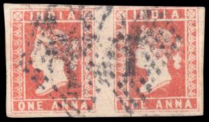 1854 QV 1a, red, Die I, SG12, close to average margins, used pair. Fine.