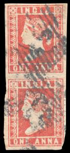 1854 QV 1a, deep red, Die II, SG13, close cut, used pair. Fine.