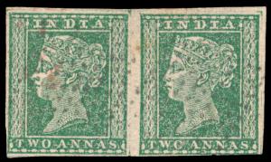 1854 QV 2a, green, SG31, cut to shape to average margins, used pair. Fine.