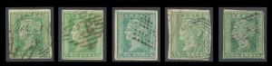 1854 QV 2a, green, SG31, 5 different shades used, cut to shape to average margins. Fine.