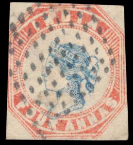 1854 QV 4a, blue and red, 2nd printing, SG19, close cut square, used with diamond of dots 