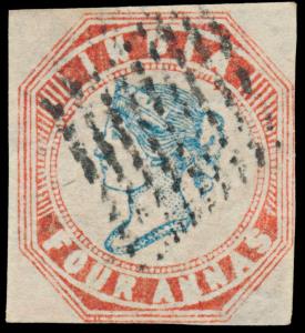 1854 QV 4a, blue and red, head die II frame die I, SG19, cut square 4 margins, cancelled b