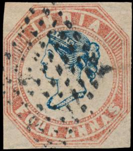 1854 QV 4a, indigo and red, head die II frame die I, SG20, cut square 4 margins, cancelled