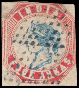 1854 QV 4a, blue and red, 3rd printing, head die III, frame die I, SG21, used cut square, 