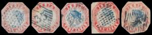 1854 QV 4a, blue and red, 5 examples cut to shape used. Fine.
