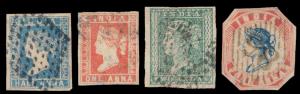 1854 QV ½a, 1a, 2a & 4a cut-to-shape used. Fine.