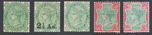 1891-92 QV 2 ½a on 4 ½a yellow green, 2a6p yellow green, pale blue green, 1r green and ros