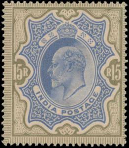 1902 KED VII 15r, blue and olive brown, SG146, gum toned, MLH. Fine.