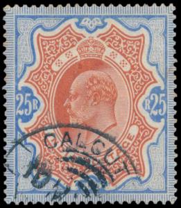 1909 KEDVII 25r brown orange and blue, SG147, “CALCUTTA” telegraph cancelled. Fine.