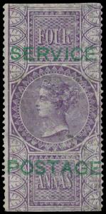 1866 4a purple fiscal, ovpt. “SERVICE/POSTAGE” in green, type O4, SGO17, used. Fine.