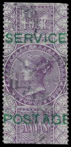 1866 4a purple fiscal, ovpt. “SERVICE/POSTAGE” in green, type O4, SGO17, used, re-perforat