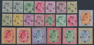 1902-09 KED VII optd. “On H. M.S.”, type O9, type O9a, SGO54-72, including all shades, gum
