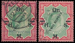 1925 KED VII 2R on 10R, both shades SGO101 & O101a, used. Fine.(2)