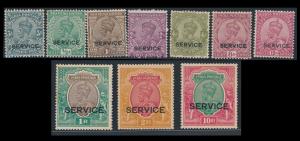 1926-31 KG V optd. with O17a & O18, SGO109-20, MLH. Fine.(10)
