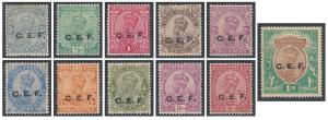 1914-22 KG V ovpt. “C.E.F.”, complete set, SGC23-34, mixed gum condition, MLH. Fine. (11)