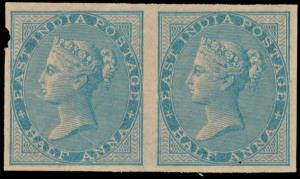 1856-64 QV ½a blue, no watermark, SG37a, variety imperf pair, left stamp having crease, le