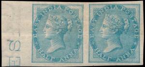 1856-64 QV ½a blue, on yellowish to white paper, no wmk., SG37a, horizontal left marginal 