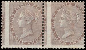 1865 QV 1a brown pair, SG58, perforation error, scarce in this period, MLH. Fine.