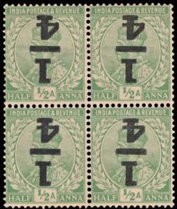 1922 KG V ”1/4” surcharge on 1/2a, SG195a, variety surcharge inverted, blk/4, MLH. Fine.