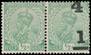 1922 KG V ”1/4” surcharge on 1/2a bright green, SG195b, variety surcharge omitted in pair 