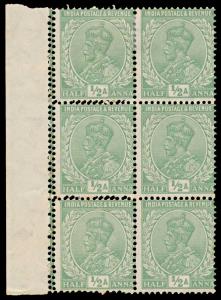 1926-33 KG V ½a, blk/6, error double perforation, upper two stamps light hinged, mint. Fin