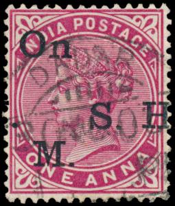 1900 QV 1a carmine, ovpt.”On H.M.S.”, SGO50 variety misplaced overprint, used. Fine.
