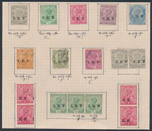 1914 KG V various values, ovpt. “I.E.F.” mounted on sheet of paper, variety with misplaced
