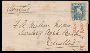 1855 entire with QV ½a lithograph, pale blue, SG3, Die I, lithograph to Calcutta, wide mar