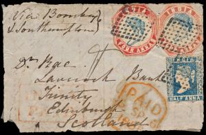 1855 entire (front only) with QV 4a lithograph x 2, cut to shape (SG18,22) + 1/2a (SG2), c