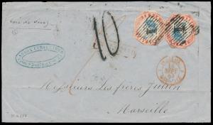 1855? Cover front with QV 4a lithograph 2nd printing x 2, cut to shape, type 4 cancelled, 
