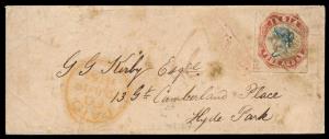 1856 entire to UK with QV 4a lithograph, indigo & deep red, 2nd printing, SG20, cut square