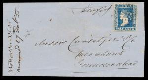 1855 cover franked with QV ½a lithograph, deep blue, Die I, tied by diamond of dots with t