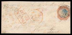 1855 cover franked with QV 4a lithograph, blue and red, cut-to-shape tied by ”B/153”, type