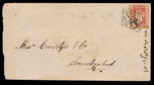 1856 cover franked with QV 1a lithograph, red, die I, tied by ”C/1”, type7, with trisected