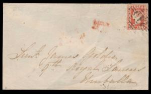 1857 mutiny cover bearing QV 1a lithograph, red, Die III, average margin, SG15, tied by ”2