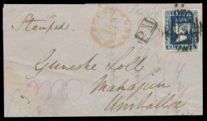 1857 cover franked with QV ½a lithograph, indigo, Die II, SG7, wide margins from three sid
