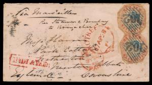 1858 QV 4a lithograph, blue and red, 3rd printing, SG21 x2 cut to shape, each cancelled ”1