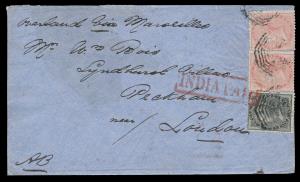1860 cover to London via Marseilles franked with QV 4a black and 2x2a dull pink with boxed