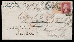 1862 entire franked with QV 4a grey-black and 2a yellow-buff tied by ”CALCUTTA/1” duplex, 