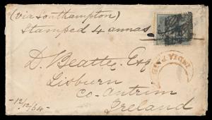 1864 cover bearing QV 4a black, franked by type 12, inscribed via Southampton, “INDIA PAID