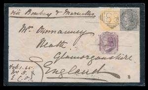 1865 India used in PAKISTAN, to UK via Marseilles with QV 4a black, 2a yellow and 8p purpl