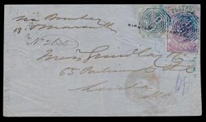 1866 cover franked with 6a bill and 8p mauve on bluish tied by ”B/1” type 7, to London via