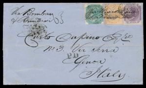 1874 cover franked with 6a8p tri-color (4a, 2a and 8p), tied by ”B-I” on folded letter to 
