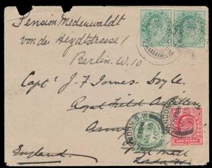 1909 cover to London franked with KED VII ½a x2 tied by ”LAHORE CANTONMENT”, redirected to